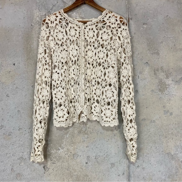 Vintage crochet knit beige cream lace doilie button up cardigan small medium - Picture 5 of 7